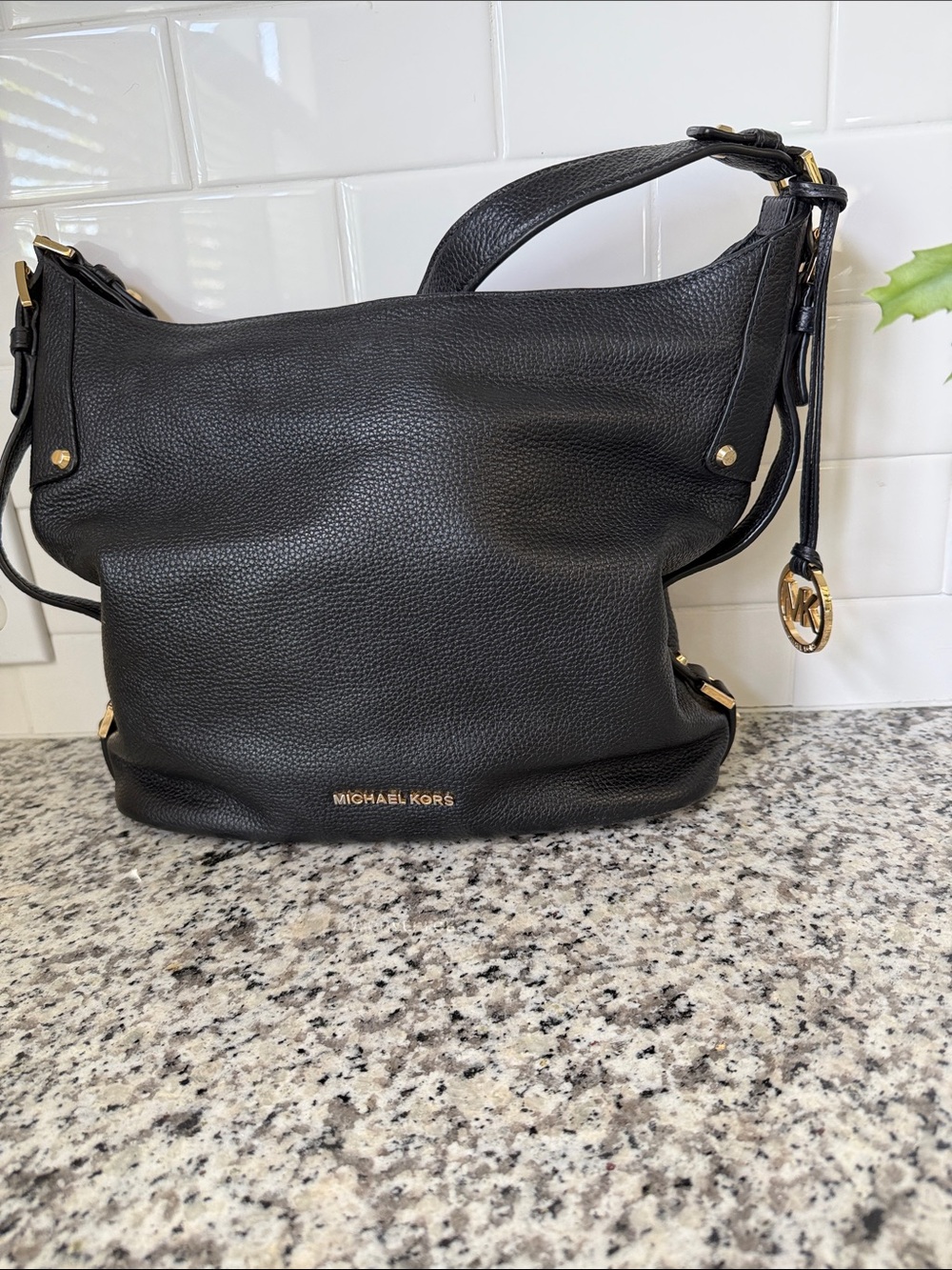 Michael Kors Black Leather Hobo with Gold Hardware